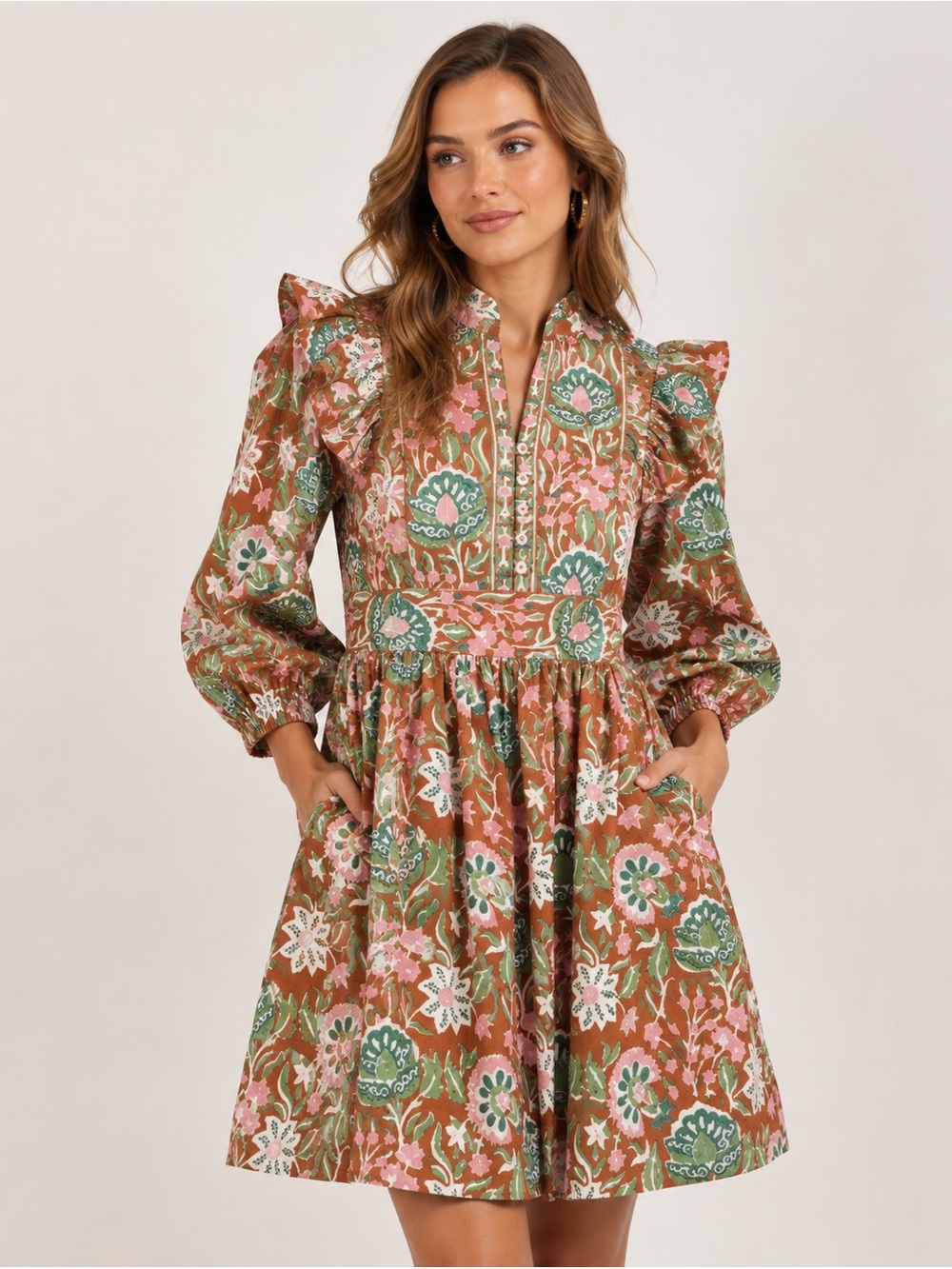 Sohana Kaya Dress Floral Print Puff‎ Sleeve Ruffle High Neck Brown Green Pink XS